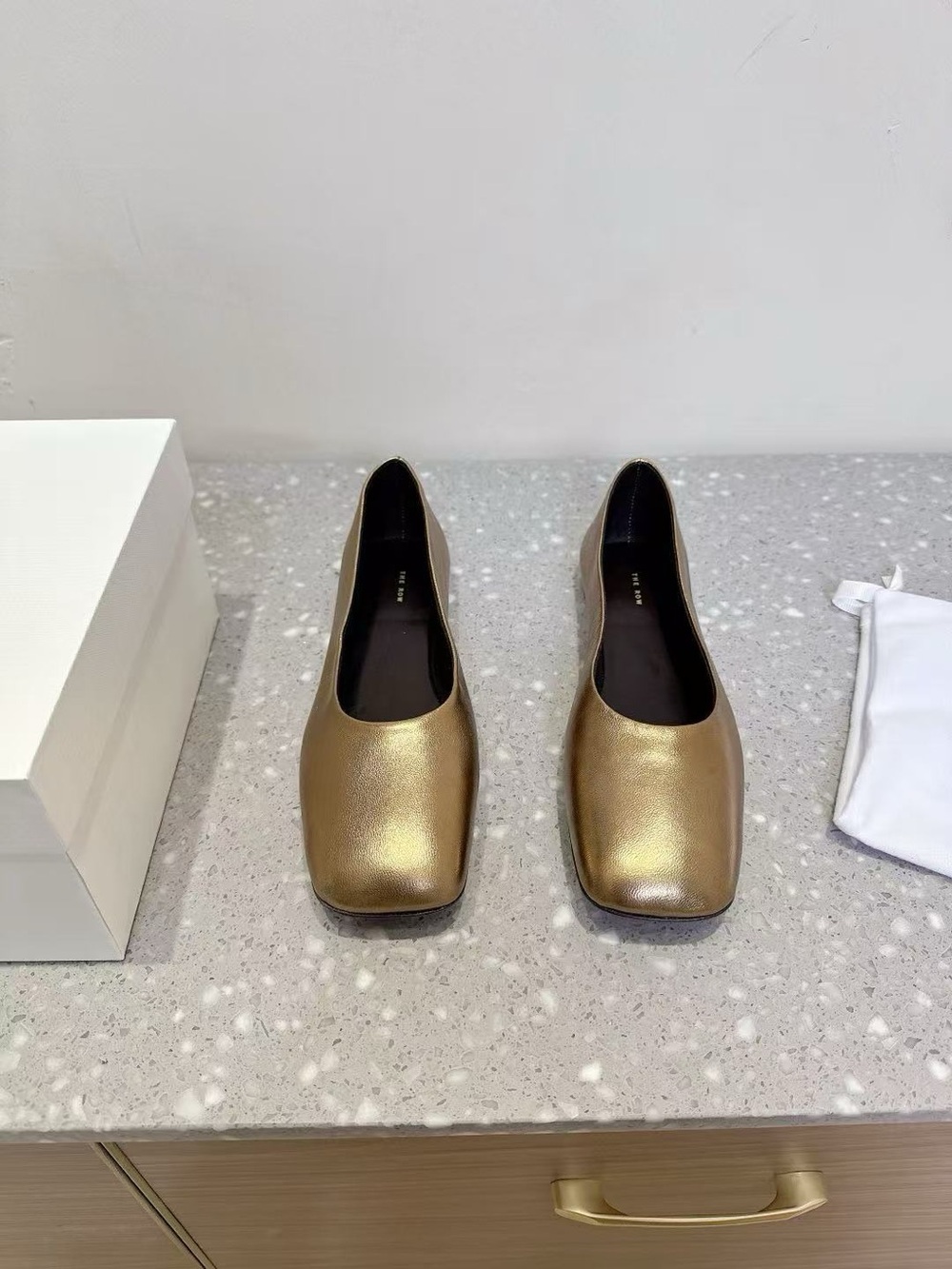 The Row Metallic Gold Square-Toe Ballet Flats